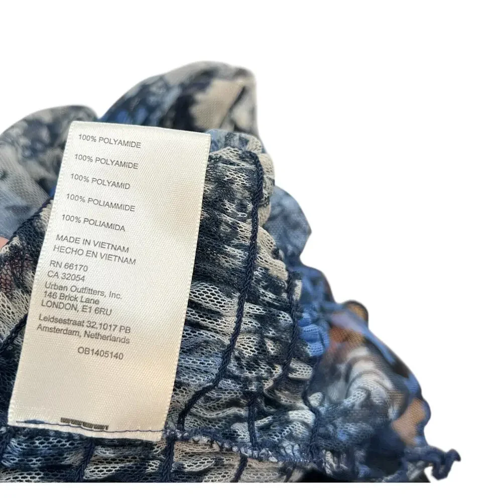 Free People Hello There Top‎ Blouse Smocked Flare Sleeve Mesh Floral Blue Large